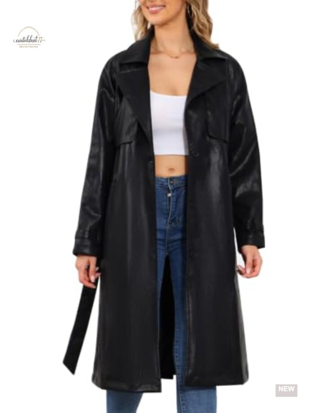 Faux Leather Trench Coat Belted Overcoat Lapel Collar Mid-Long
